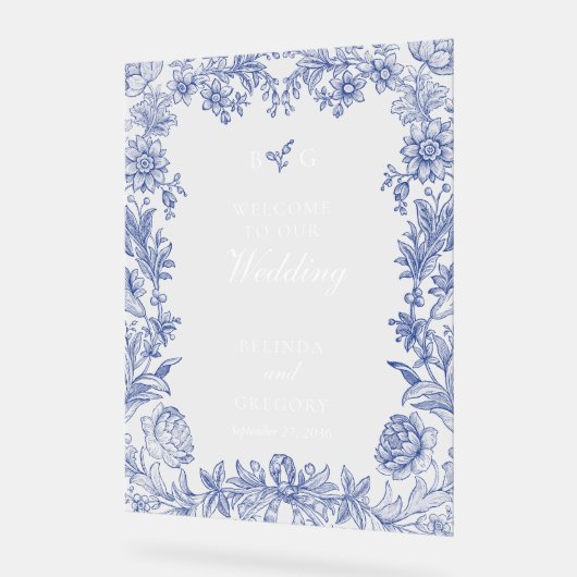 Elegant  rustiek Frans blauw bloemenbruiloft Acryl Bord (Hoek)
