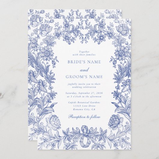 Elegant  rustiek Frans blauw bloemenbruiloft Kaart (Voorkant / Achterkant)
