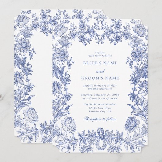 Elegant  rustiek Frans blauw bloemenbruiloft Kaart (Voorkant / Achterkant)