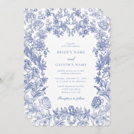 Elegant rustiek Frans blauw bloemenbruiloft Kaart (Voorkant / Achterkant)