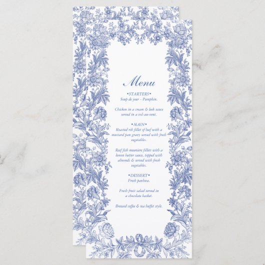 Elegant  rustiek Frans blauw bloemenbruiloft Menu (Voorkant / Achterkant)