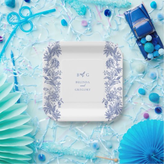 Elegant  rustiek Frans blauw bloemenbruiloft Papieren Bordje (Feest)