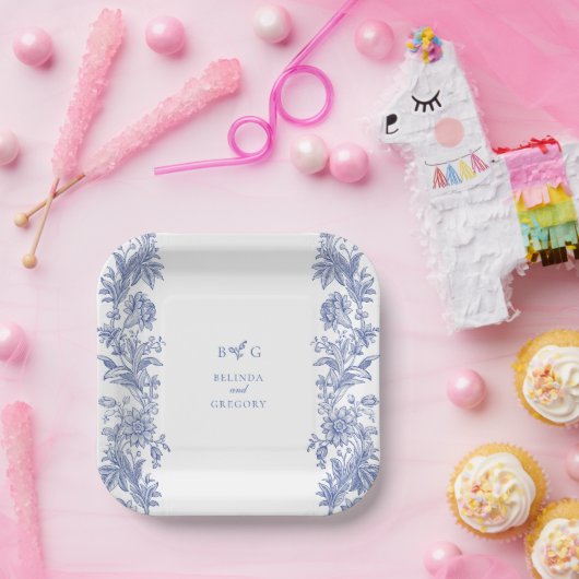 Elegant  rustiek Frans blauw bloemenbruiloft Papieren Bordje (Feest)