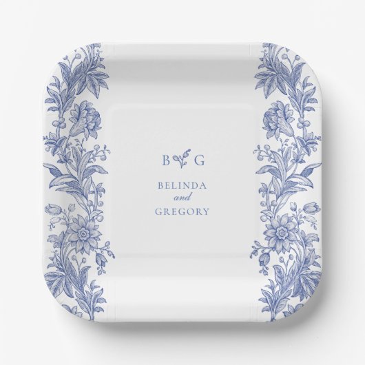 Elegant  rustiek Frans blauw bloemenbruiloft Papieren Bordje (Voorkant)