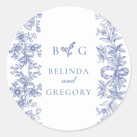 Elegant  rustiek Frans blauw bloemenbruiloft Ronde Sticker (Voorkant)