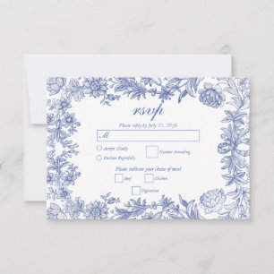 Elegant rustiek Frans blauw bloemenbruiloft RSVP Kaartje