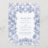 Elegant rustiek Frans blauw bloemenbruiloft Save The Date (Voorkant / Achterkant)