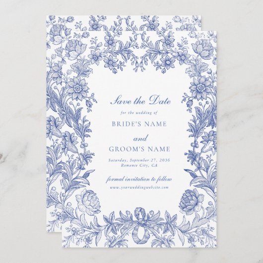 Elegant rustiek Frans blauw bloemenbruiloft Save The Date (Voorkant / Achterkant)