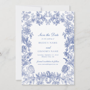 Elegant  rustiek Frans blauw bloemenbruiloft Save The Date