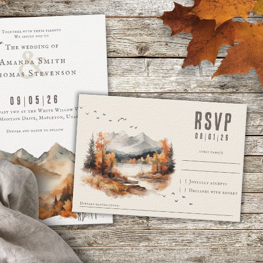 Elegant rustiek herfstlandschap met geweven textuu RSVP kaartje