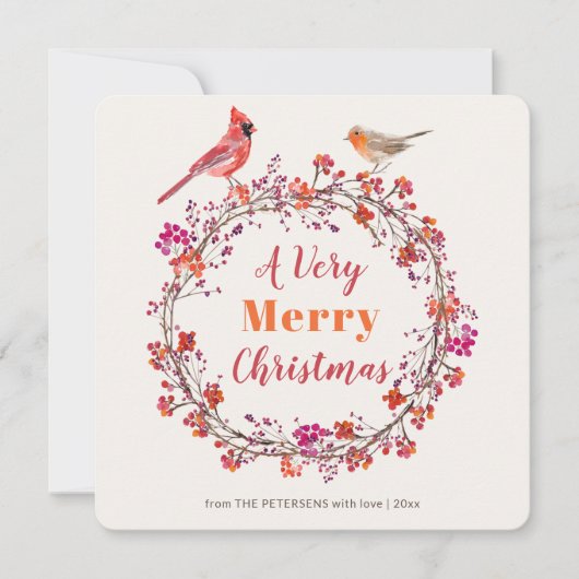 Elegant rustiek kerst holly berry krans script feestdagenkaart (Voorkant)