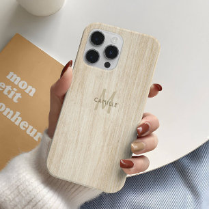 Elegant rustiek licht beige hout effect monogram iPhone 16 pro hoesje