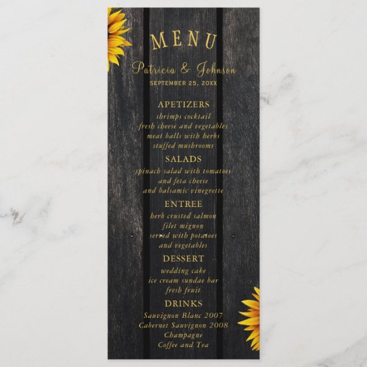 Elegant rustige zonnebloemen chic bruiloft menu (Voorkant)
