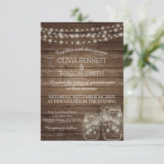Élégant Rustique Mason Jar Lumières Faire-part de (Debout devant)