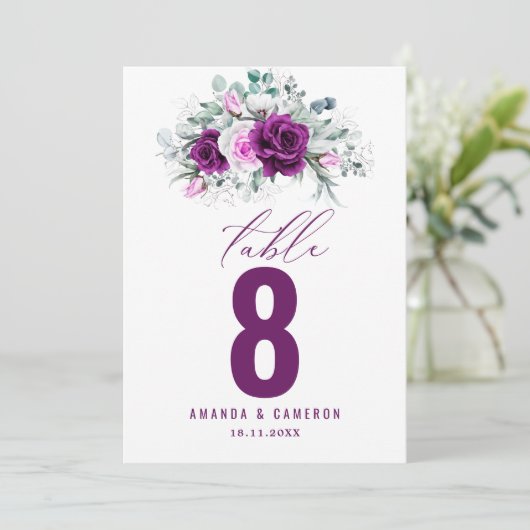 Elegant Rustisch Paars Bloemstuk Bruiloft Tafelnum (Staand voorkant)
