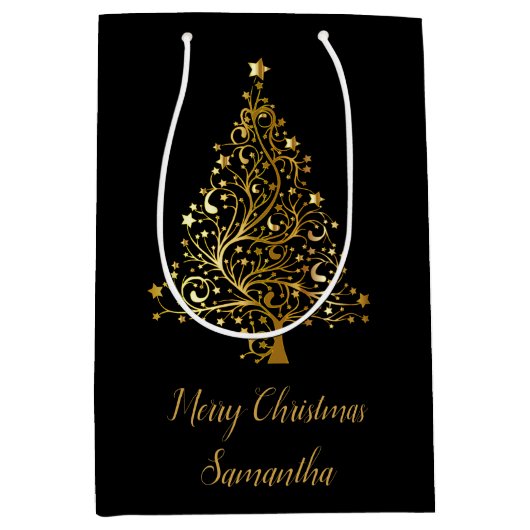 Élégant Sac Cadeau Noir Et Or Arbre De Noël (Devant)