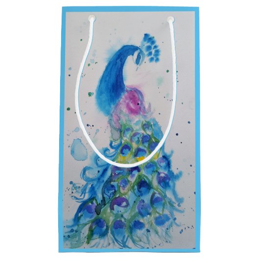 Élégant sac cadeau Peacock bleu Aquarelle oiseau (Devant)