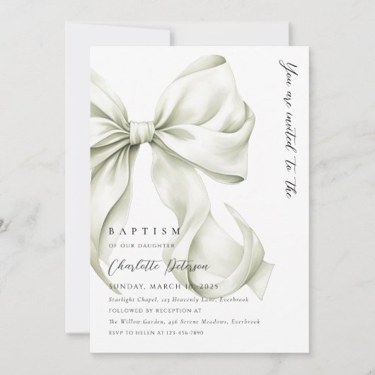 Élégant Sage Bow Baptism Invitation (Devant)