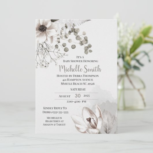 Elegant Sage Cream Floral Baby shower Uitnodiging (Staand voorkant)
