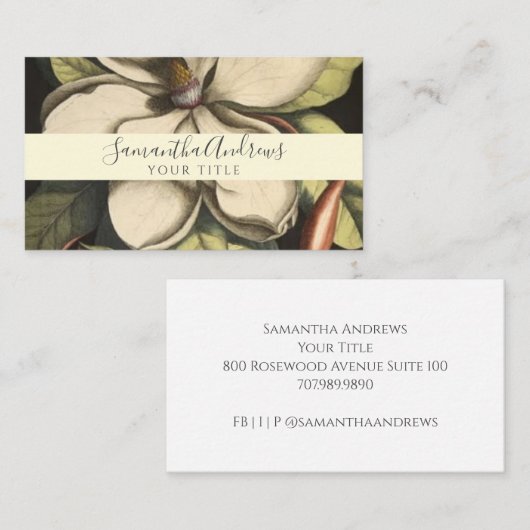 Elegant Sage Cream Magnolia Script Floral Visitekaartje (Voorkant / Achterkant)