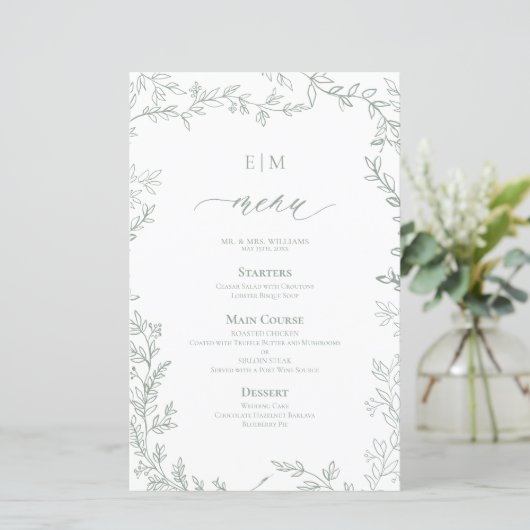 Élégant Sage Feuille Vert Monogramme Mariage Menu (Debout devant)