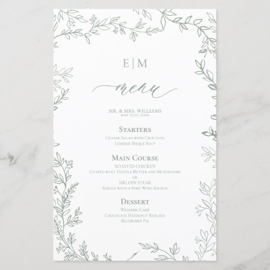 Élégant Sage Feuille Vert Monogramme Mariage Menu (Devant)