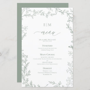 Élégant Sage Feuille Vert Monogramme Mariage Menu