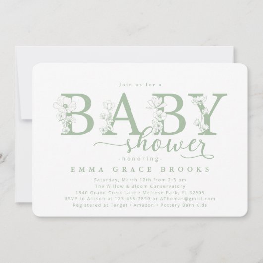 Elegant Sage Floral Baby Shower Typography Kaart (Voorkant)