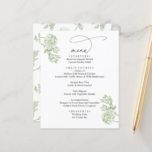 Elegant Sage Floral Modern Script Wedding Menu (Devant/Arrière en situation)