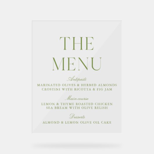 Elegant Sage Green Acrylic Wedding Menu Sign (Recto)