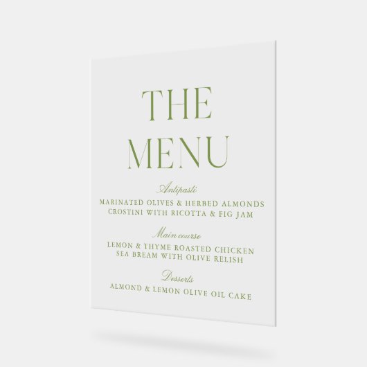 Elegant Sage Green Acrylic Wedding Menu Sign (Angle)