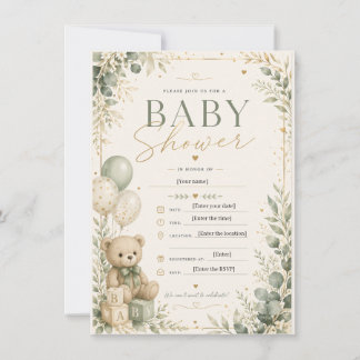 Elegant Sage Green Baby Shower Invitation | Teddy  Kaart