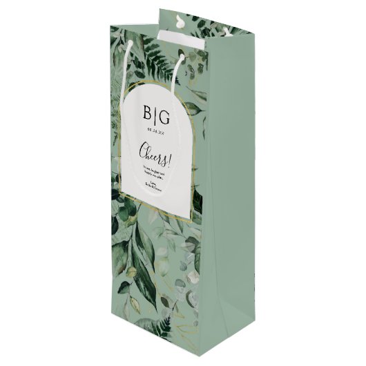 Elegant Sage Green Botanical bruiloft Wijn Cadeautas (Achterkant Gekanteld)