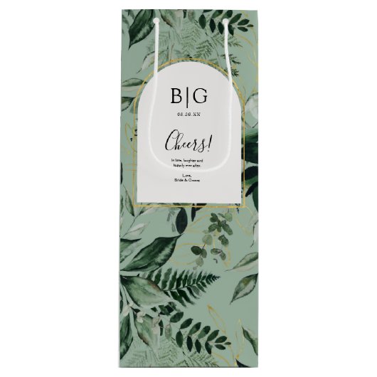 Elegant Sage Green Botanical bruiloft Wijn Cadeautas (Voorkant)