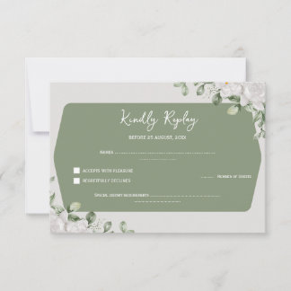 Elegant Sage Green Botanical White Floral Wedding RSVP Kaartje