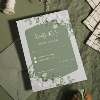 Elegant Sage Green Botanical White Floral Wedding RSVP Kaartje