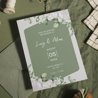 Elegant Sage Green Botanical White Floral Wedding Save The Date