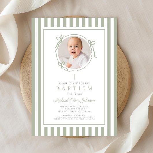 Elegant Sage Green Bow Photo Boy Baptism Kaart