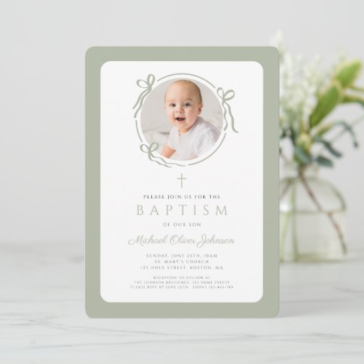 Elegant Sage Green Bow Photo Boy Baptism Kaart (Staand voorkant)
