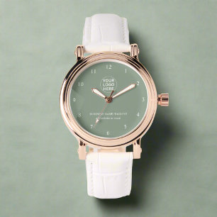 Elegant Sage Green Branded Company Logo Tekst Horloge