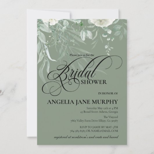 Elegant Sage Green Bridal Shower Invitation (Devant)