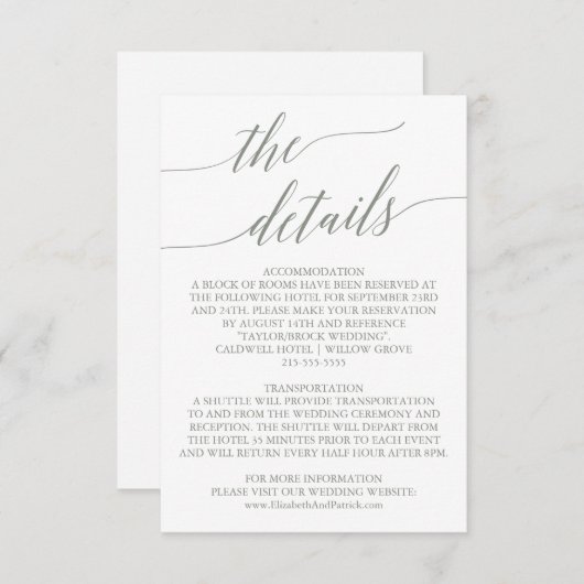 Elegant Sage Green Calligraphy — Kaart Details (Voorkant / Achterkant)