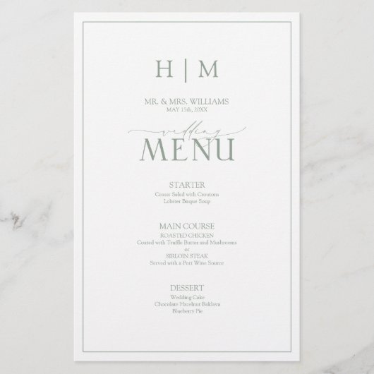Elegant Sage Green Calligraphy Monogram Menu (Voorkant)