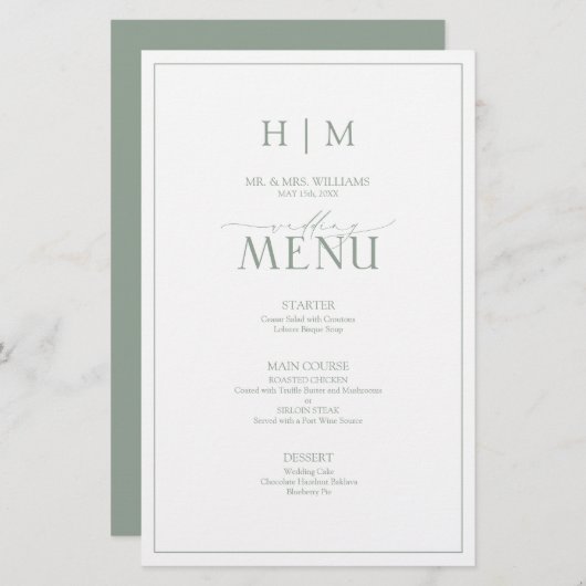 Elegant Sage Green Calligraphy Monogram Menu (Voorkant / Achterkant)