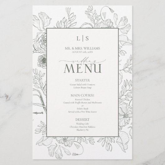 Elegant Sage Green Calligraphy Monogram Menu Card (Devant)