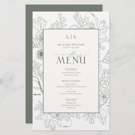 Elegant Sage Green Calligraphy Monogram Menu Card (Devant / Derrière)