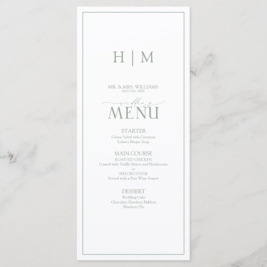 Elegant Sage Green Calligraphy Monogram Wedding Menu (Voorkant)