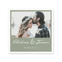 Elegant Sage Green Calligraphy Photo Wedding