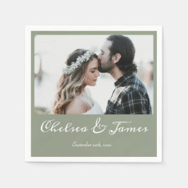 Elegant Sage Green Calligraphy Photo Wedding Servet