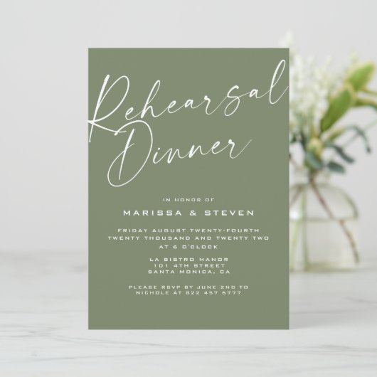 Elegant Sage Green Calligraphy Rehearsal Dinner Kaart (Staand voorkant)